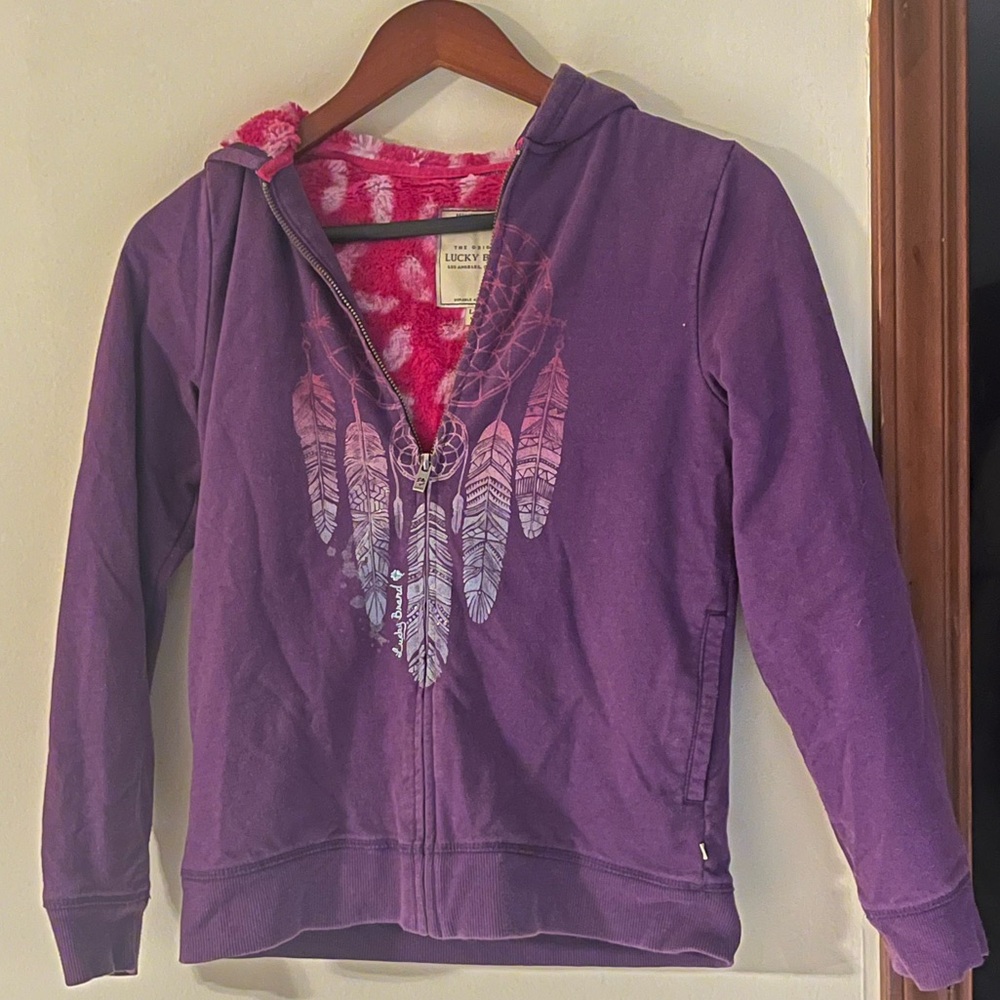 Lucky Brand Pink Faux Fur Lined Purple Zip Dreamcatcher Hoodie in Large XL 14/16